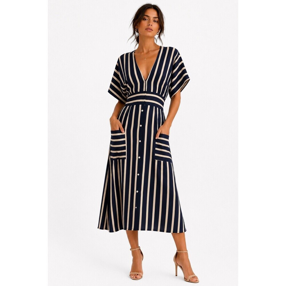 Faithfull The Brand Milan Midi Dress Navy Mazur Stripe Open Back Size S